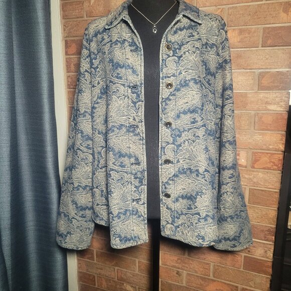 Chico's Travelers Collection Crushed Brocade Blue/Goldish Jacket - Sz 3 (XL/16) - Picture 2 of 12